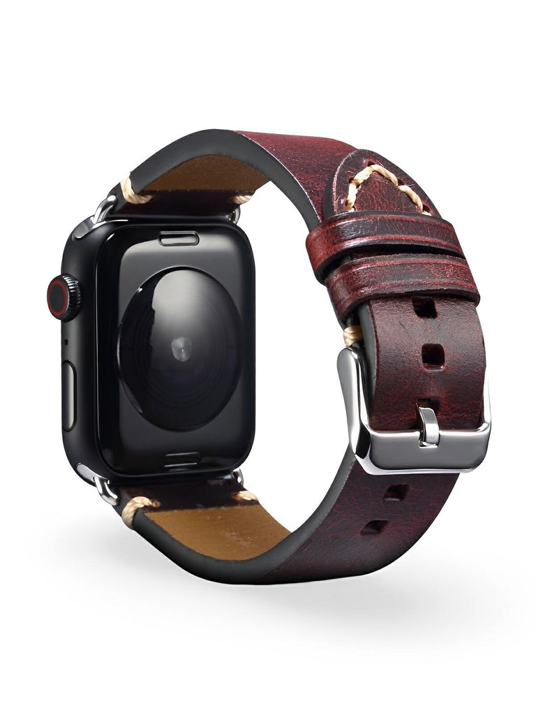 Bracelet cuir pleine fleur Apple Watch, acier inoxydable, aux coutures apparentes, modèle Josselin - Bracelet Apple Watch - Marron 38 à 42mm