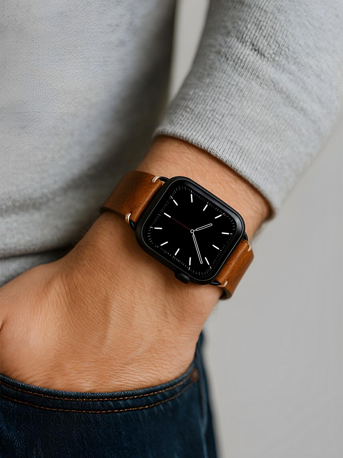 Bracelet cuir pleine fleur Apple Watch, acier inoxydable, aux coutures apparentes, modèle Josselin - Bracelet Apple Watch - Marron 38 à 42mm