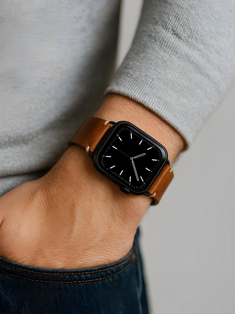 Bracelet cuir pleine fleur Apple Watch, acier inoxydable, aux coutures apparentes, modèle Josselin - Bracelet Apple Watch - Marron 38 à 42mm