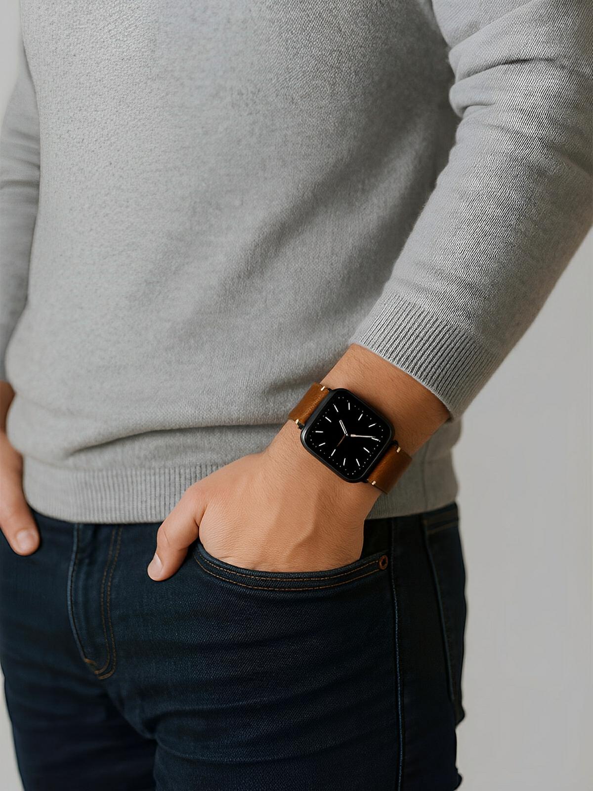 Bracelet cuir pleine fleur Apple Watch, acier inoxydable, aux coutures apparentes, modèle Josselin - Bracelet Apple Watch - Marron 38 à 42mm