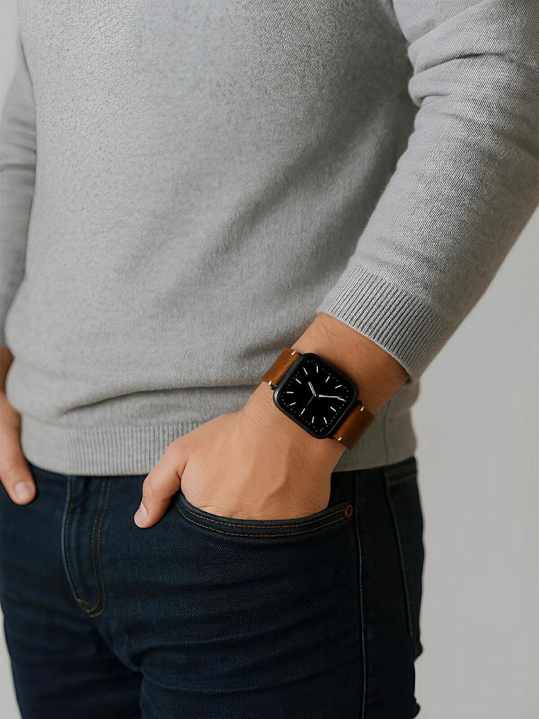 Bracelet cuir pleine fleur Apple Watch, acier inoxydable, aux coutures apparentes, modèle Josselin - Bracelet Apple Watch - Marron 38 à 42mm