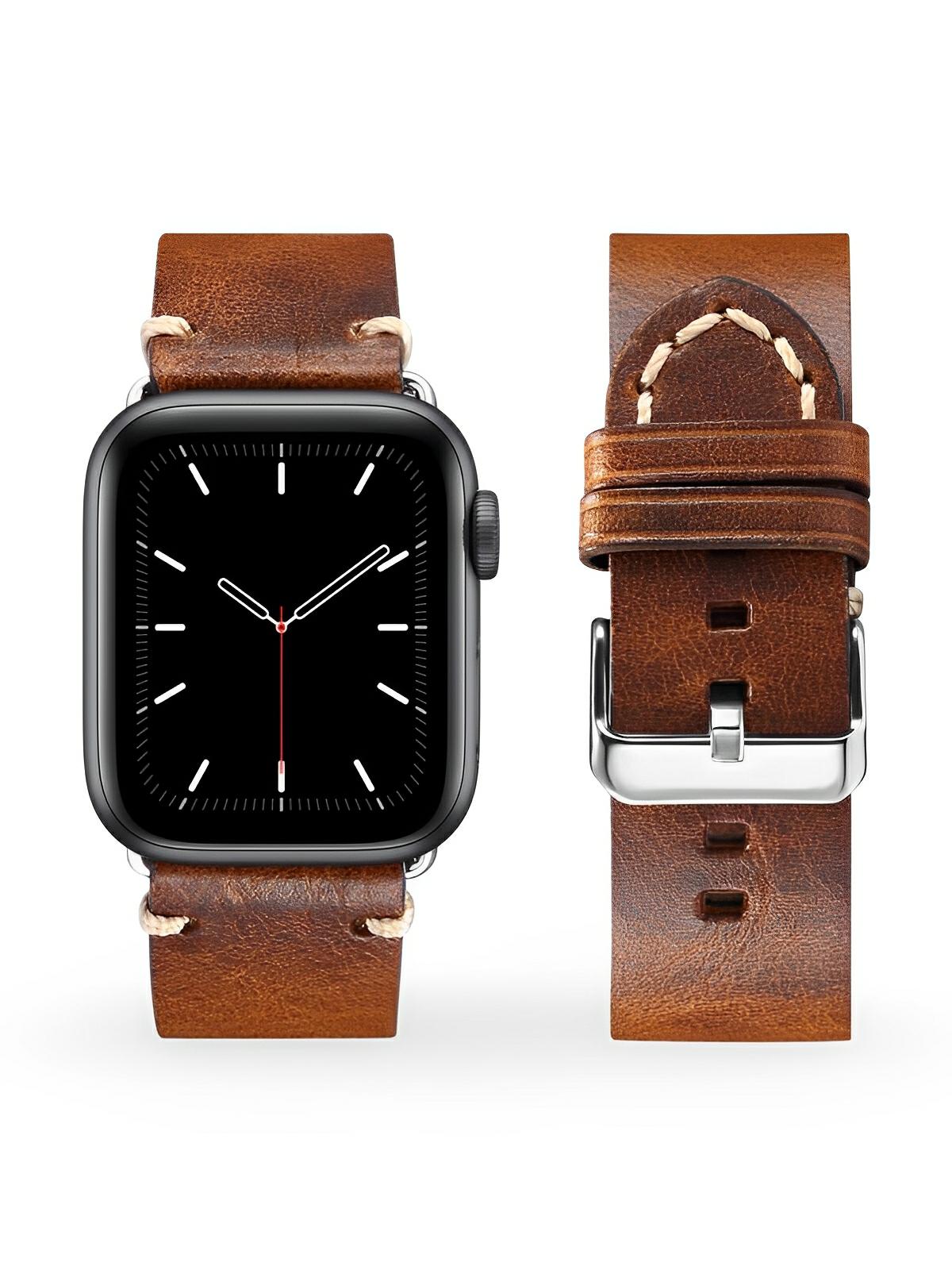 Bracelet cuir pleine fleur Apple Watch, acier inoxydable, aux coutures apparentes, modèle Josselin - Bracelet Apple Watch - Marron 38 à 42mm