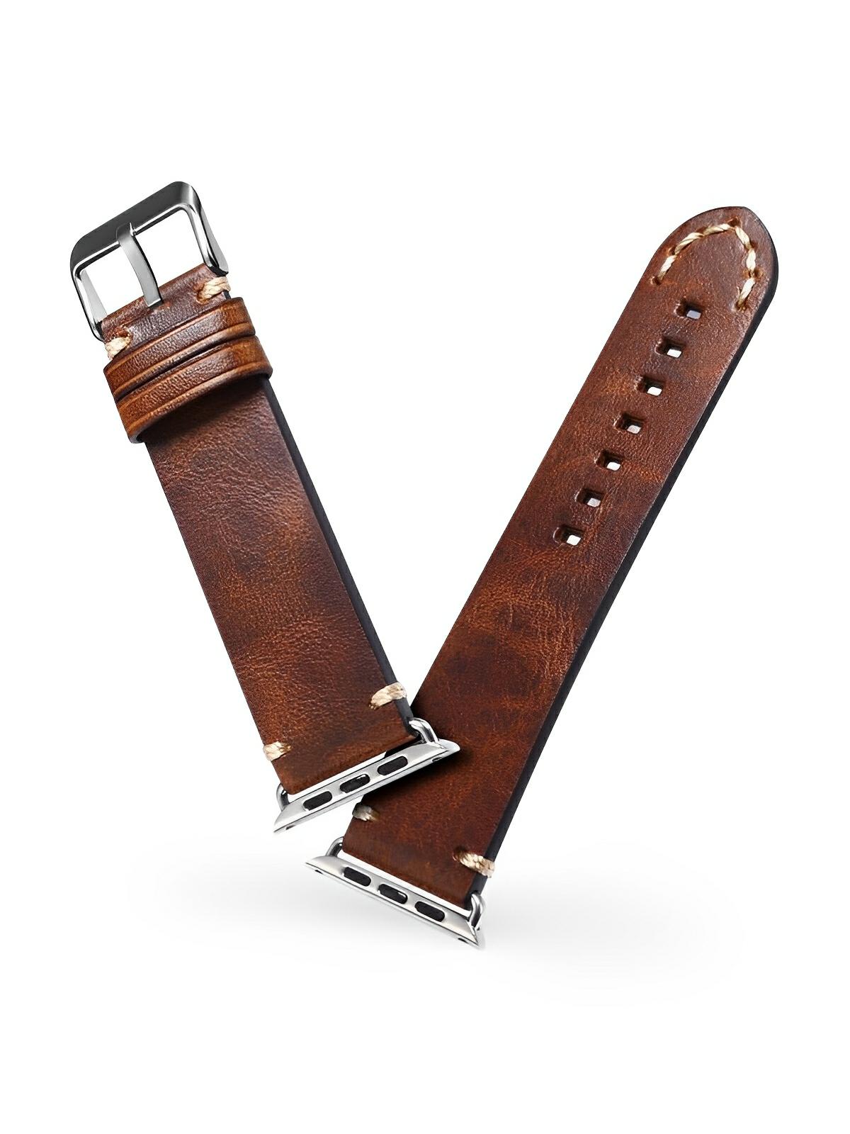 Bracelet cuir pleine fleur Apple Watch, acier inoxydable, aux coutures apparentes, modèle Josselin - Bracelet Apple Watch - Marron 38 à 42mm