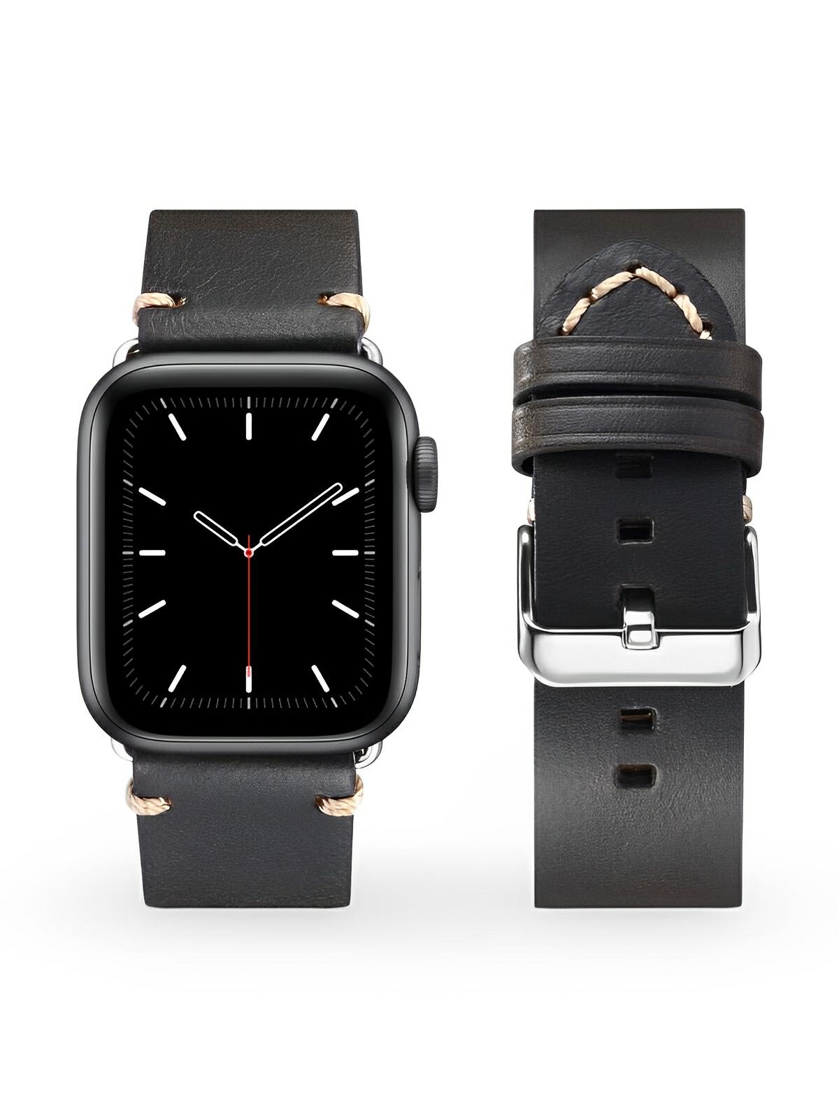 Bracelet cuir pleine fleur Apple Watch, acier inoxydable, aux coutures apparentes, modèle Josselin - Bracelet Apple Watch - Marron 38 à 42mm