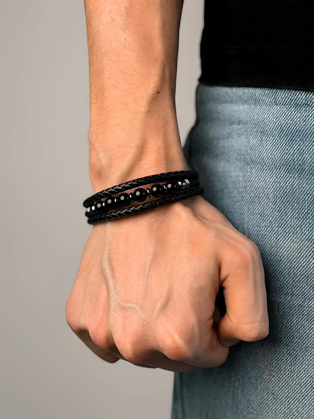 Bracelet cuir tressé homme, pierre naturelle œil de tigre ou agate, fermoir magnétique, style moderne et robuste, modèle Damien - Bracelet - Agate noire S