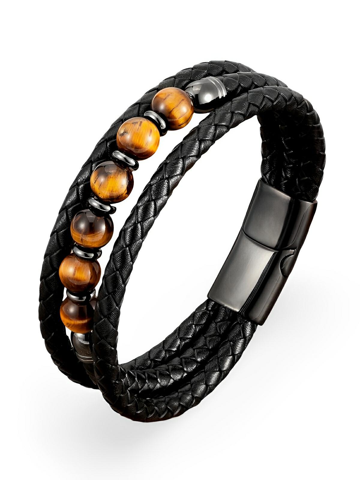 Bracelet cuir tressé homme, pierre naturelle œil de tigre ou agate, fermoir magnétique, style moderne et robuste, modèle Damien - Bracelet - Œil de tigre S
