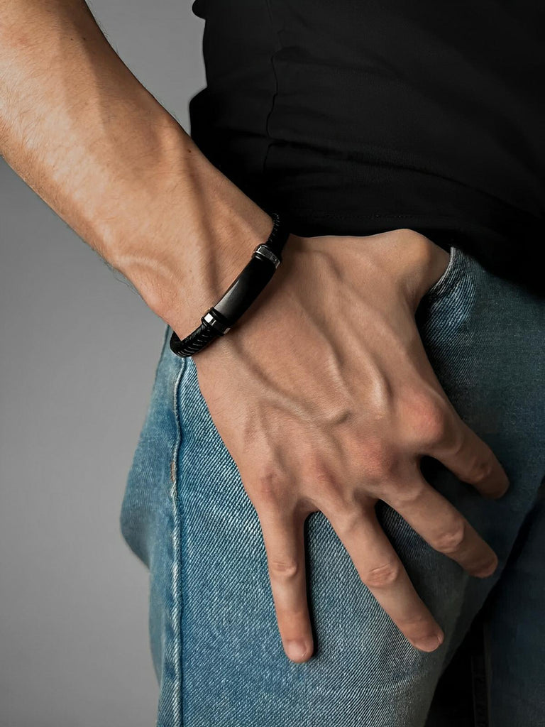 Bracelet cuir tressé homme, style gourmette minimaliste, accessoire élégant, modèle Georges - Bracelet - Noir S