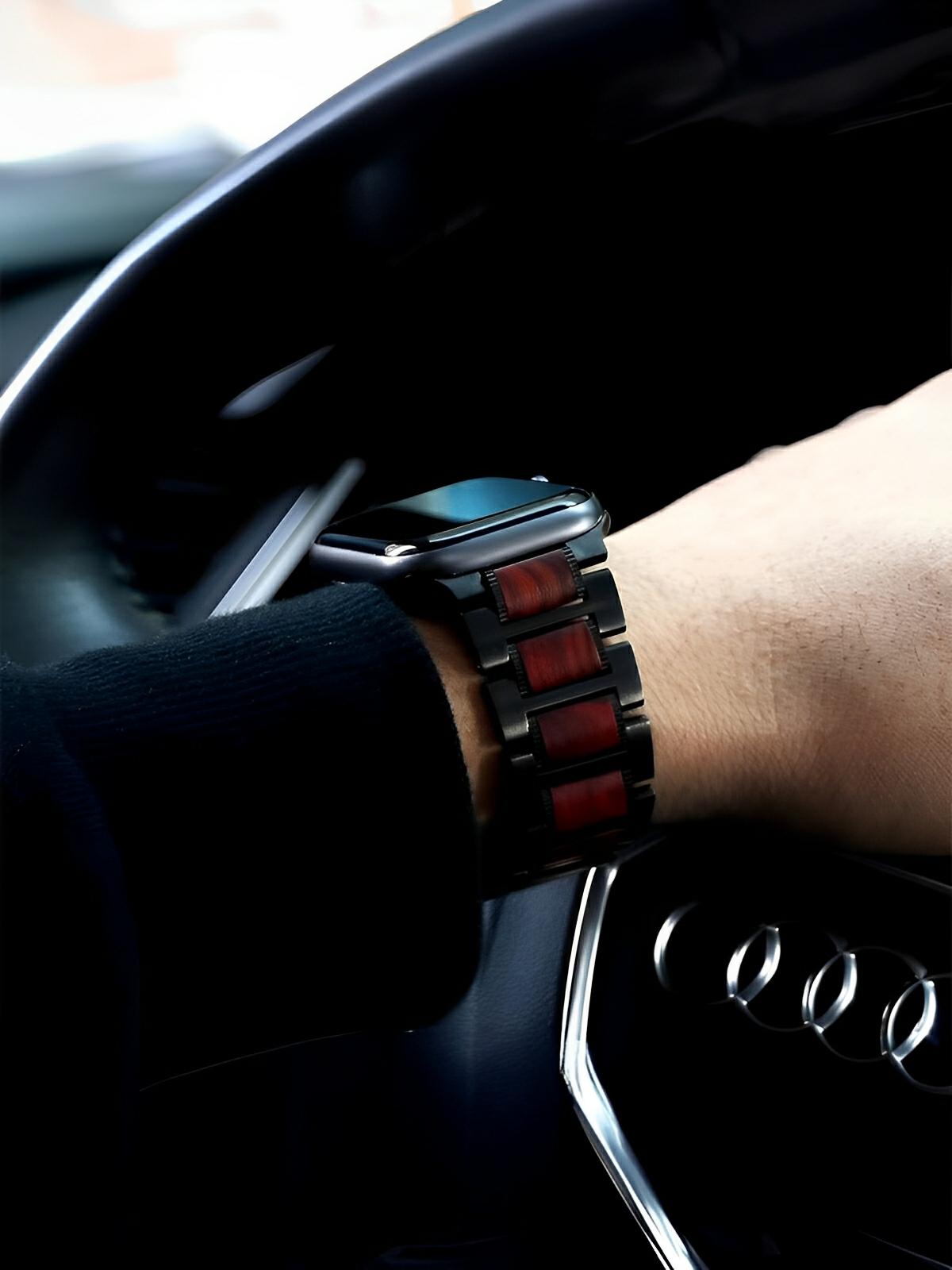 Bracelet en acier et bois pour Apple Watch, un style unique et naturel, modèle Donovac - Bracelet Apple Watch - Noir 38 à 42mm