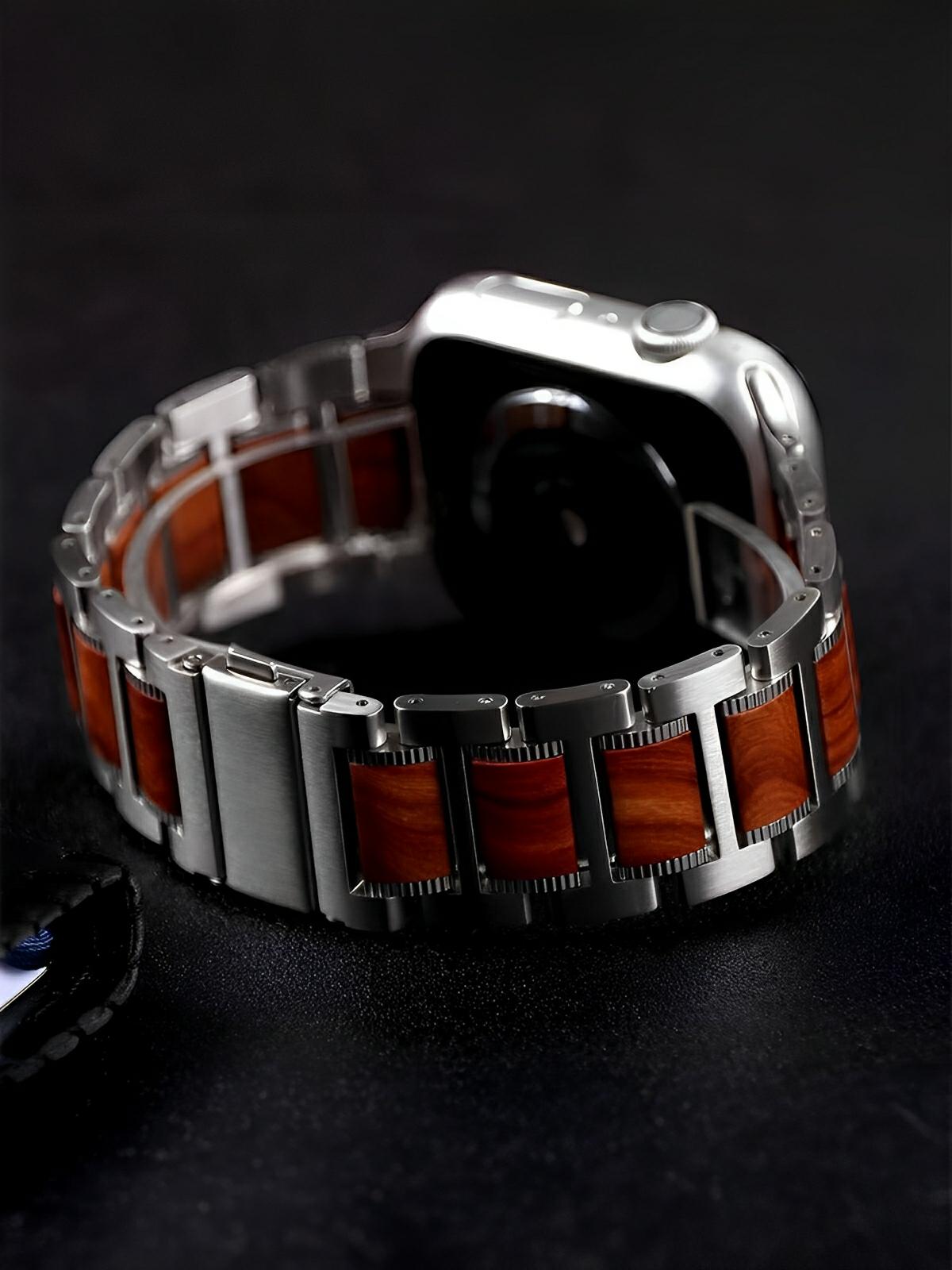 Bracelet en acier et bois pour Apple Watch, un style unique et naturel, modèle Donovac - Bracelet Apple Watch - Argent 38 à 42mm