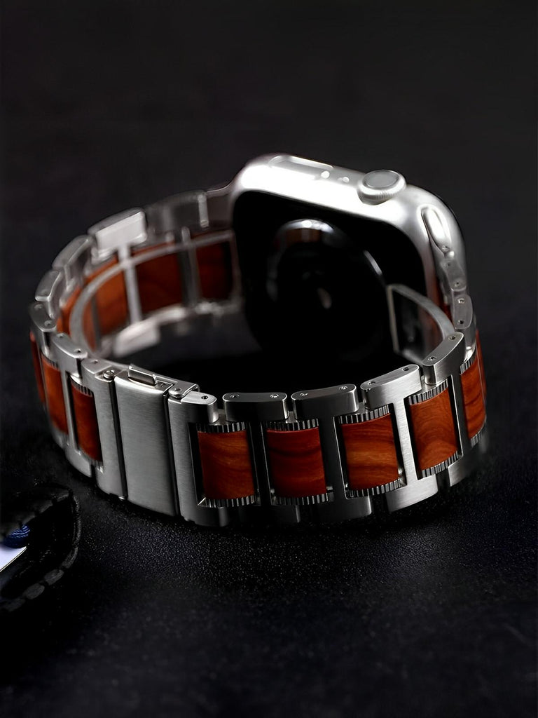 Bracelet en acier et bois pour Apple Watch, un style unique et naturel, modèle Donovac - Bracelet Apple Watch - Argent 38 à 42mm