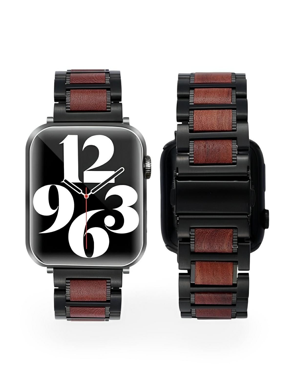 Bracelet en acier et bois pour Apple Watch, un style unique et naturel, modèle Donovac - Bracelet Apple Watch - Noir 38 à 42mm