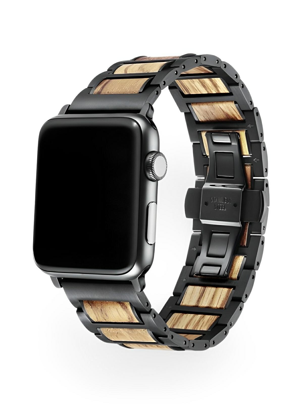 Bracelet en bois et acier pour Apple Watch, alliance de nature et modernité, modèle Francis - Bracelet Apple Watch - Noir 38 à 42mm