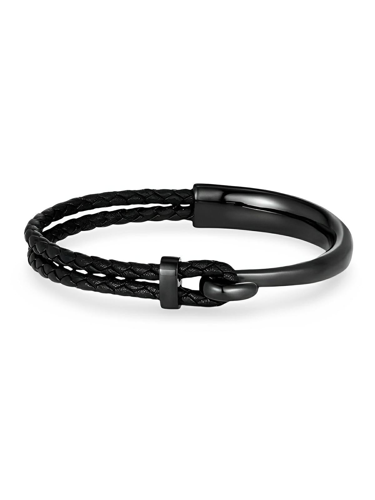 Bracelet en cuir et acier inoxydable, fermoir à crochet, accessoire pour l'homme moderne, modèle Austin - Bracelet - Noir S