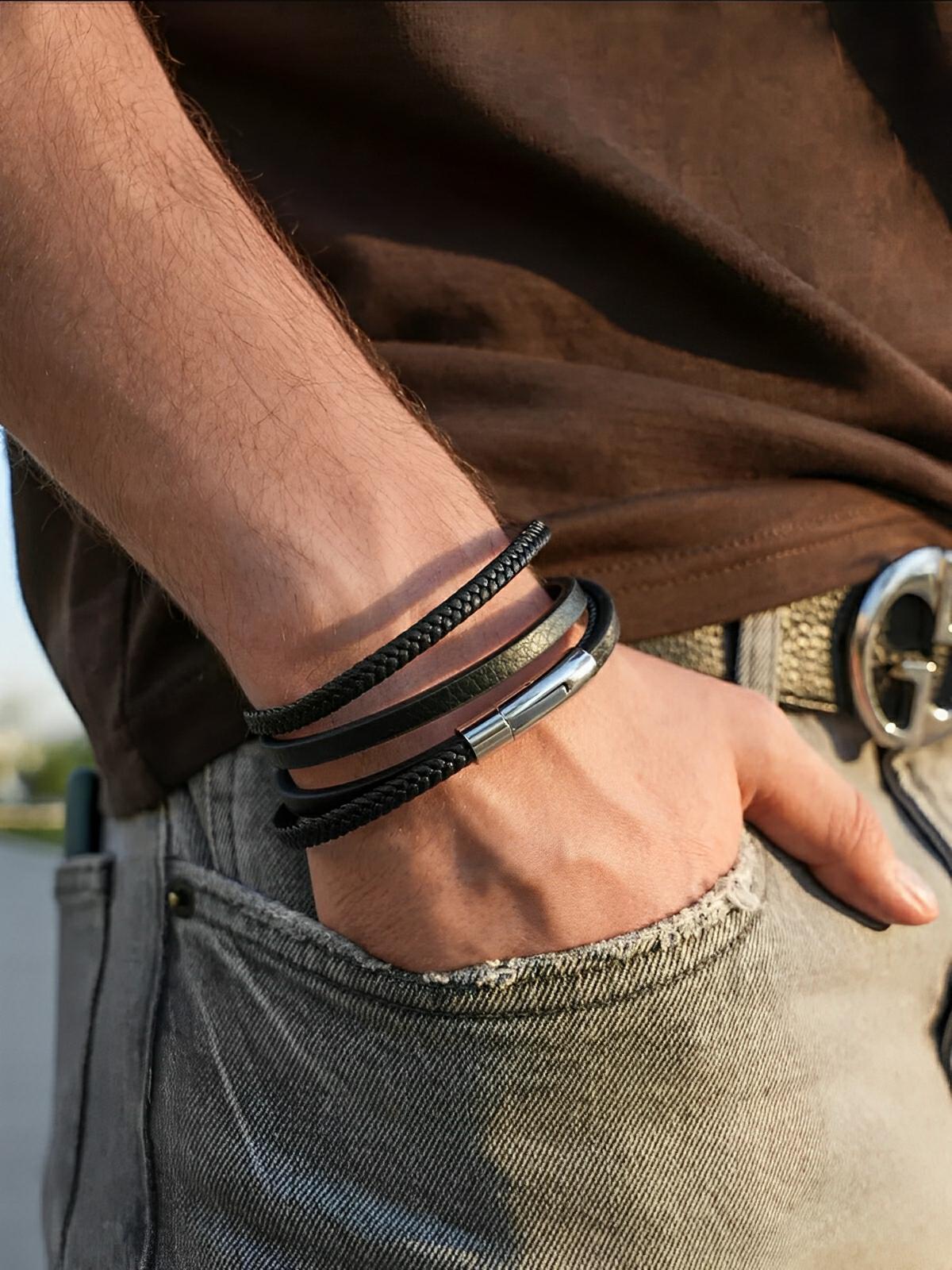 Bracelet en cuir multi - rangs homme, fermeture magnétique, style moderne, modèle Guibert - Bracelet - Noir S