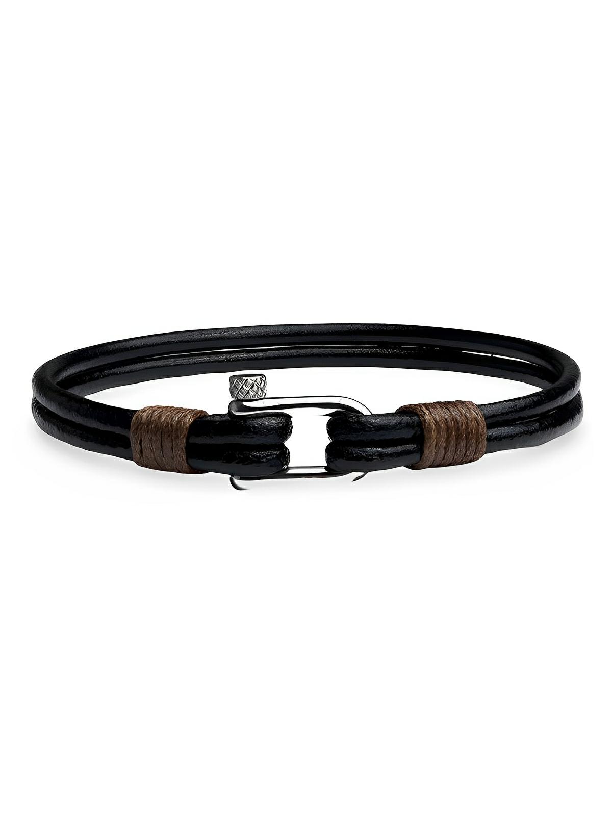 Bracelet en cuir noir homme, fermoir à manille, style vintage, accessoire robuste, modèle Texera - Bracelet - Noir et argent S