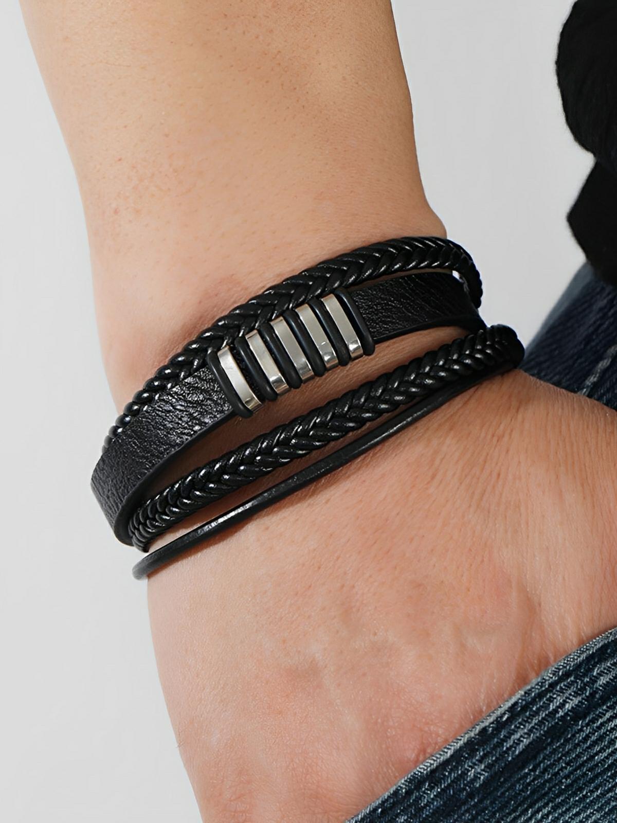 Bracelet en cuir noir tressé, acier inoxydable, fermoir magnétique, au style moderne, modèle Fernand - Bracelet - Argent S