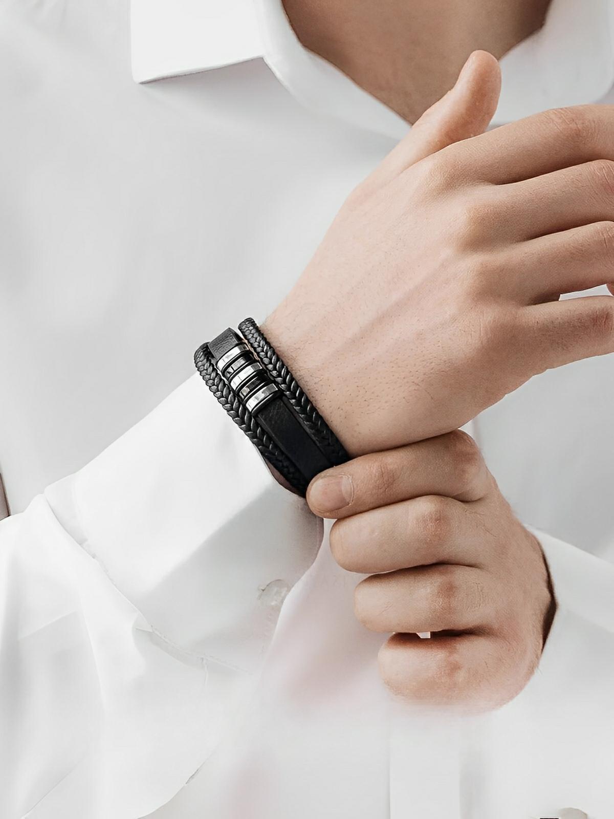 Bracelet en cuir noir tressé, acier inoxydable, fermoir magnétique, au style moderne, modèle Fernand - Bracelet - Noir et argent S