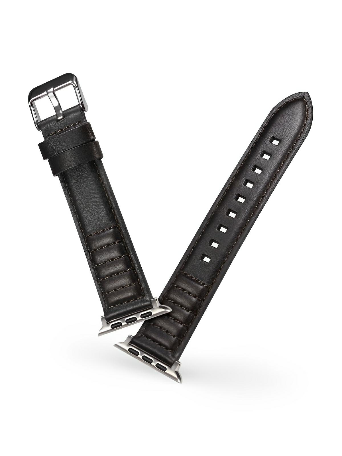 Bracelet en cuir pleine fleur Apple Watch, boucle acier inoxydable, ajustable, modèle Tovin - Bracelet Apple Watch - Noir 38 à 42mm