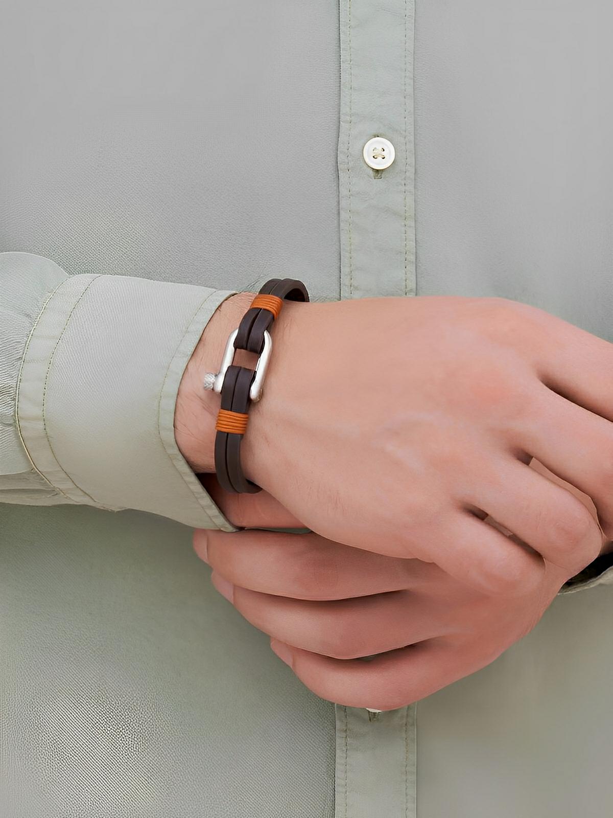 Bracelet en cuir pour homme, fermoir à manille, raffiné, look masculin, modèle Clément - Bracelet - Café et orange S