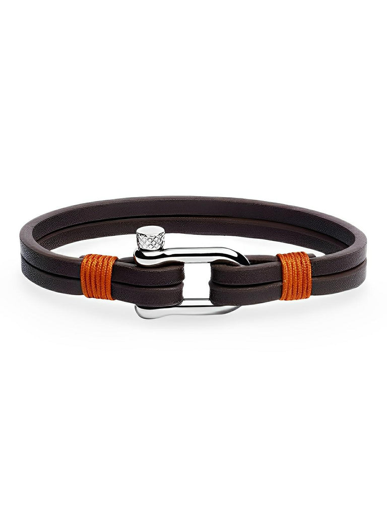 Bracelet en cuir pour homme, fermoir à manille, raffiné, look masculin, modèle Clément - Bracelet - Café et orange S