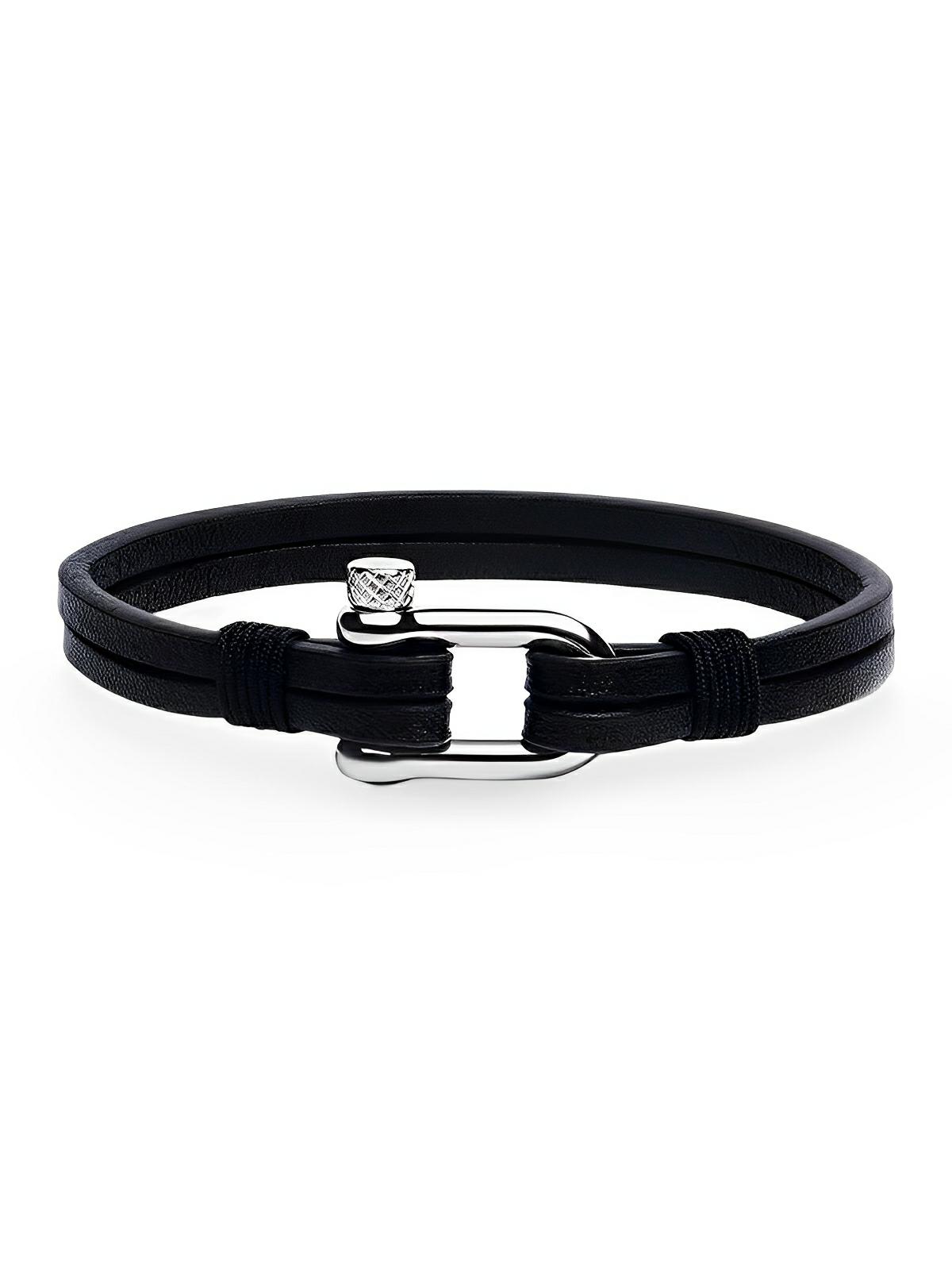 Bracelet en cuir pour homme, fermoir à manille, raffiné, look masculin, modèle Clément - Bracelet - Noir S