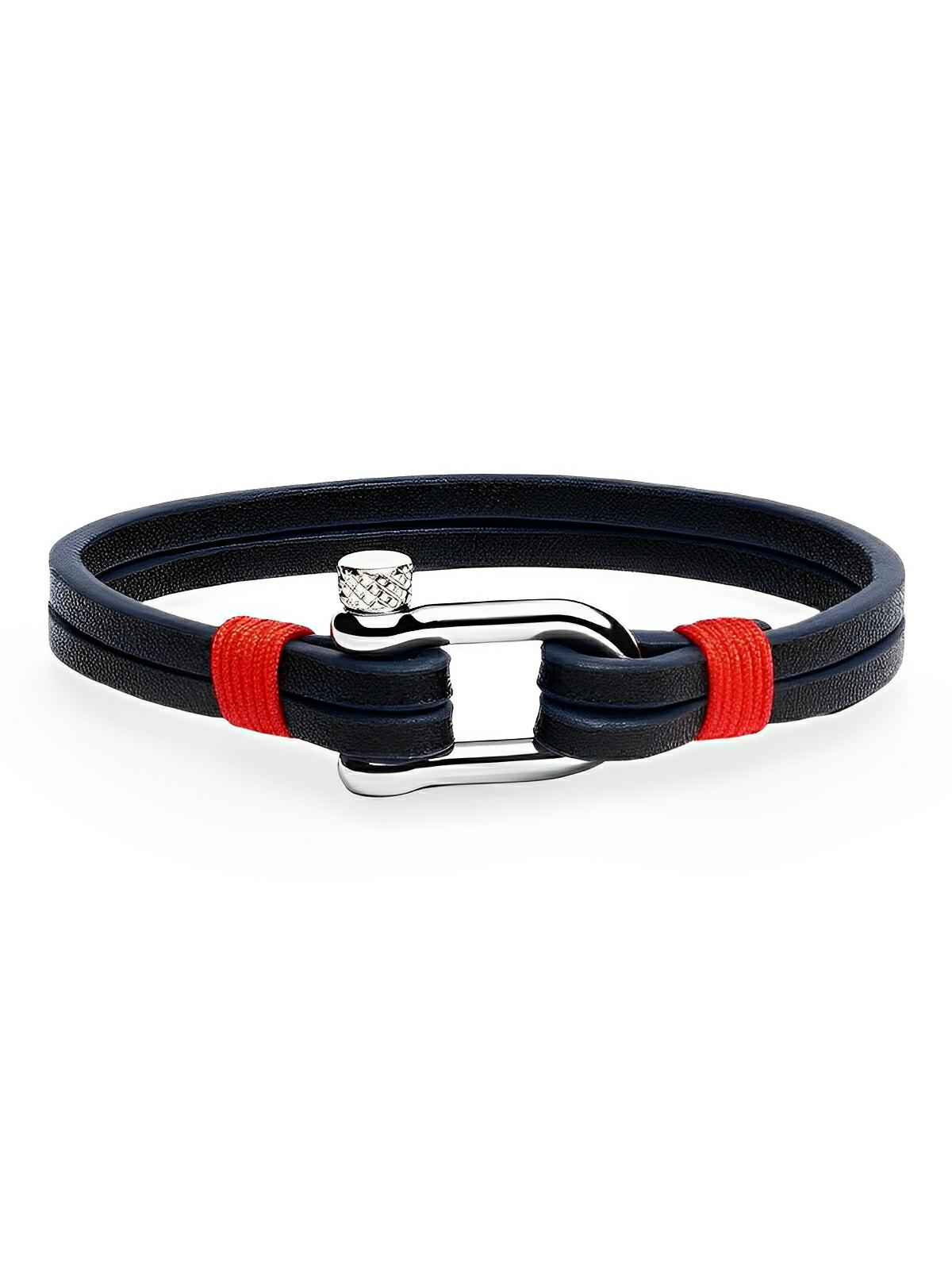 Bracelet en cuir pour homme, fermoir à manille, raffiné, look masculin, modèle Clément - Bracelet - Noir et rouge S
