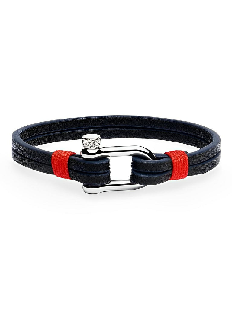 Bracelet en cuir pour homme, fermoir à manille, raffiné, look masculin, modèle Clément - Bracelet - Noir et rouge S