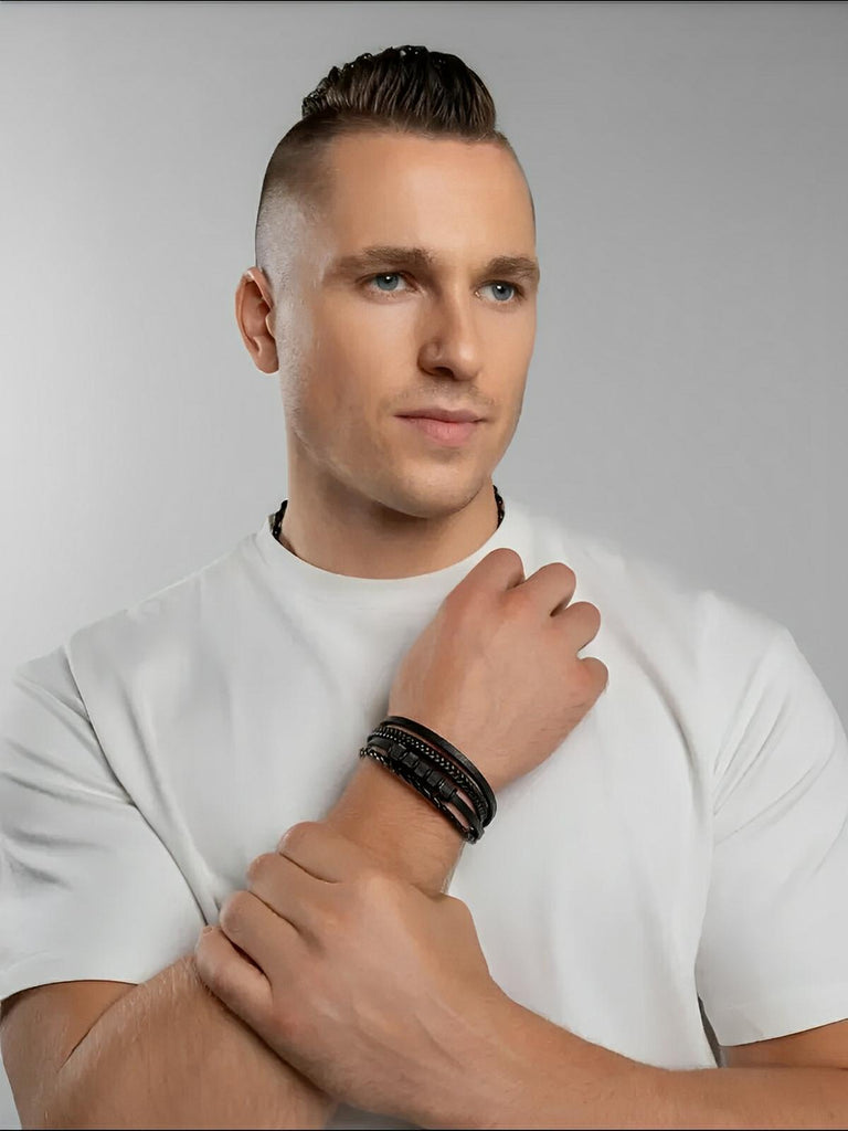 Bracelet en cuir tressé homme, acier inoxydable, multi - rangs, au style moderne, modèle Faron - Bracelet - Noir S