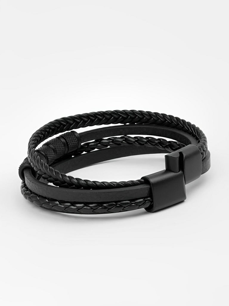 Bracelet en cuir tressé homme, acier inoxydable, multi - rangs, au style moderne, modèle Faron - Bracelet - Noir S