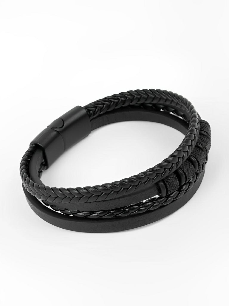 Bracelet en cuir tressé homme, acier inoxydable, multi - rangs, au style moderne, modèle Faron - Bracelet - Noir S