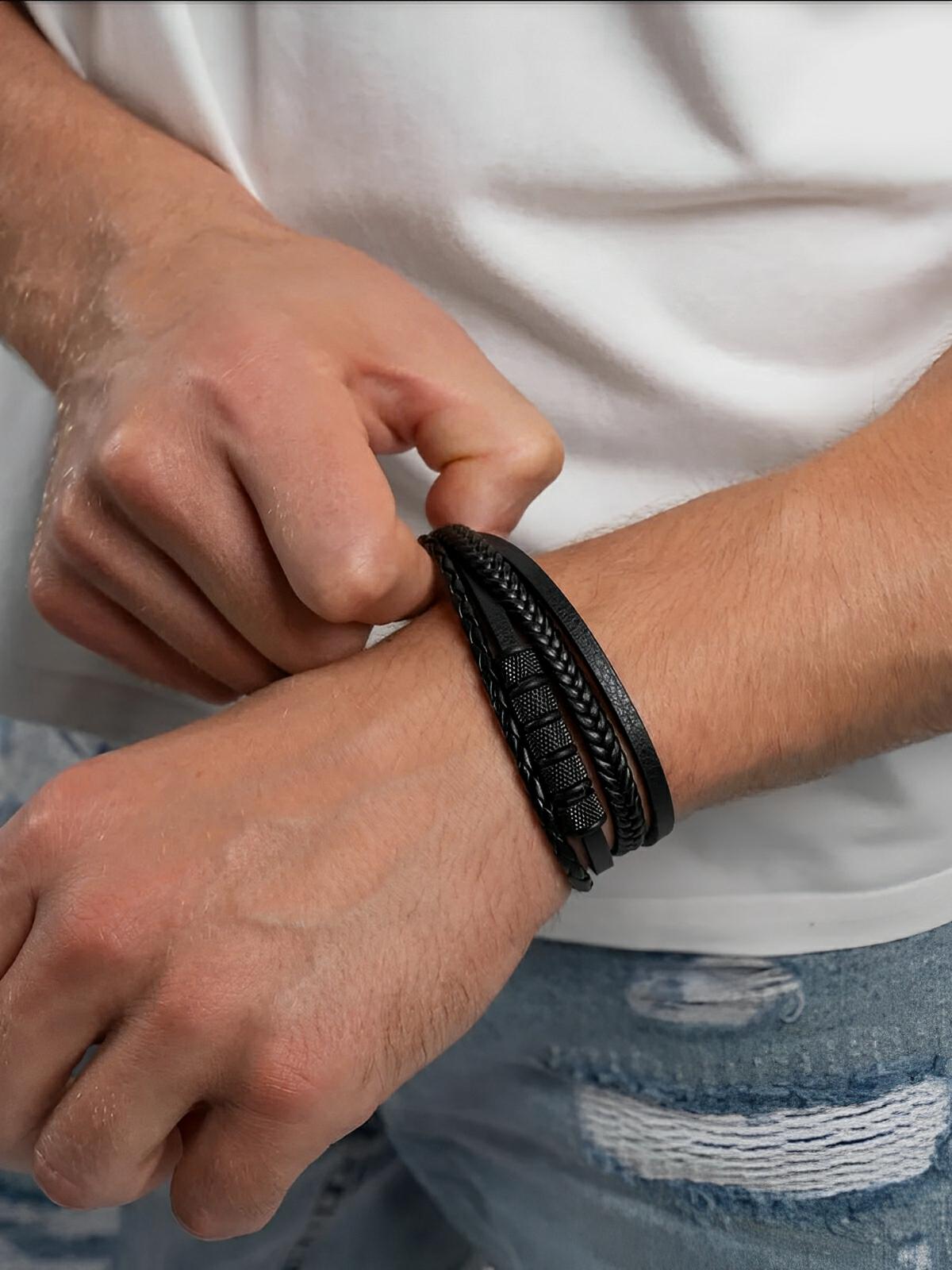 Bracelet en cuir tressé homme, acier inoxydable, multi - rangs, au style moderne, modèle Faron - Bracelet - Noir S