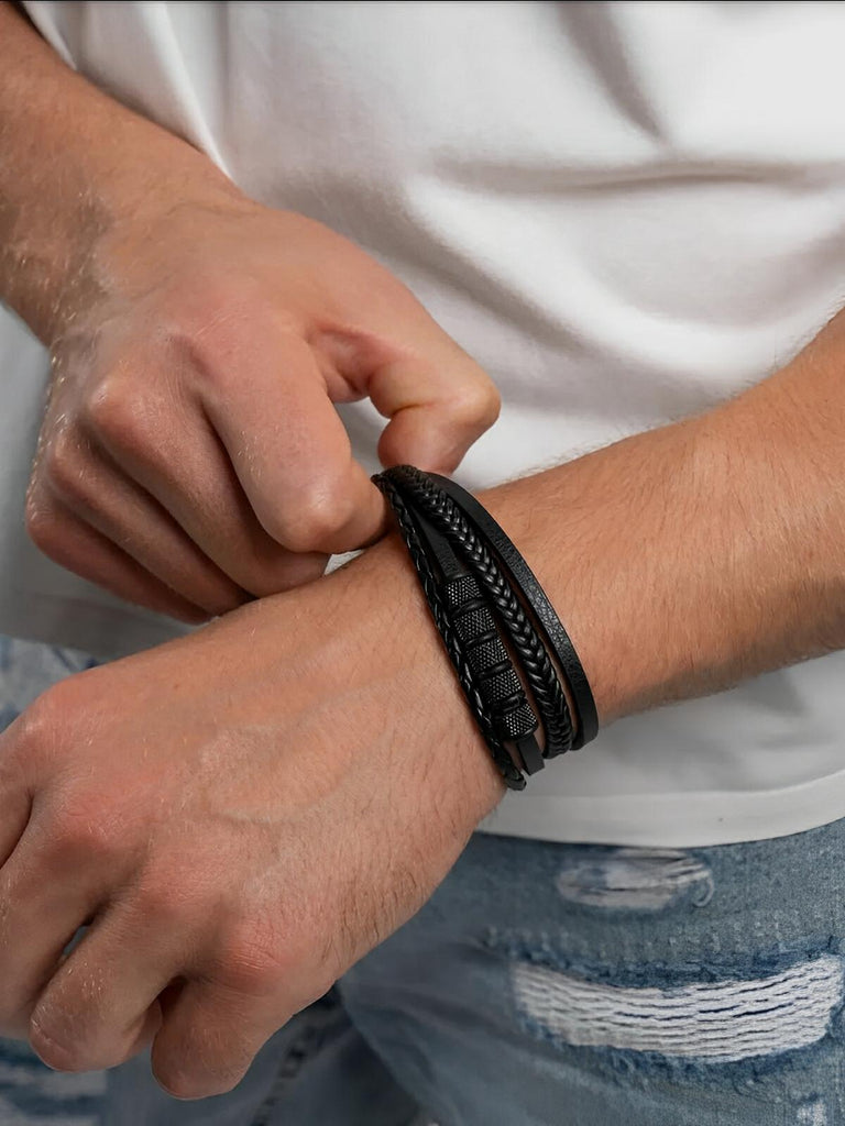 Bracelet en cuir tressé homme, acier inoxydable, multi - rangs, au style moderne, modèle Faron - Bracelet - Noir S