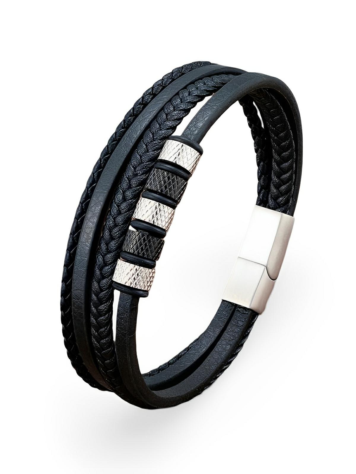 Bracelet en cuir tressé homme, acier inoxydable, multi - rangs, au style moderne, modèle Faron - Bracelet - Noir et argent S