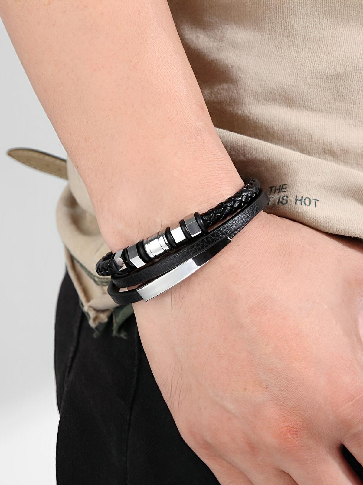 Bracelet en cuir tressé homme, acier inoxydable, multi - rangs, fermoir magnétique, modèle Cassien - Bracelet - Noir et argent S