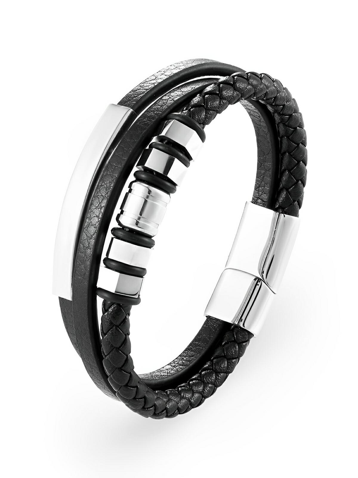 Bracelet en cuir tressé homme, acier inoxydable, multi - rangs, fermoir magnétique, modèle Cassien - Bracelet - Noir et argent S