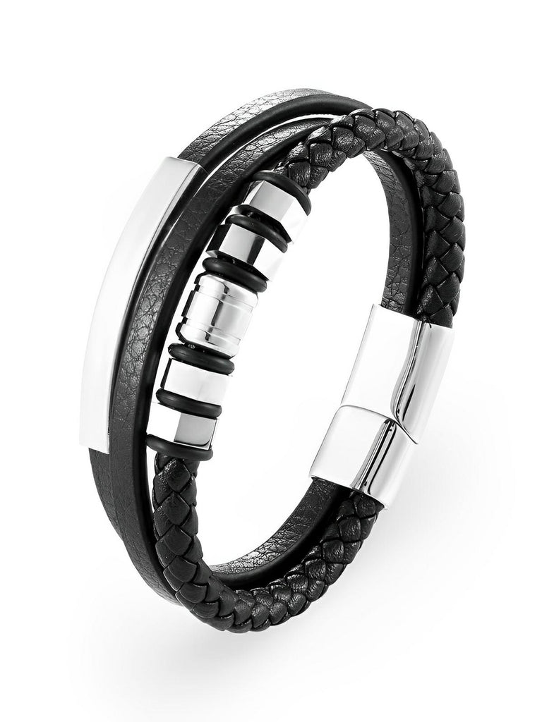 Bracelet en cuir tressé homme, acier inoxydable, multi - rangs, fermoir magnétique, modèle Cassien - Bracelet - Noir et argent S