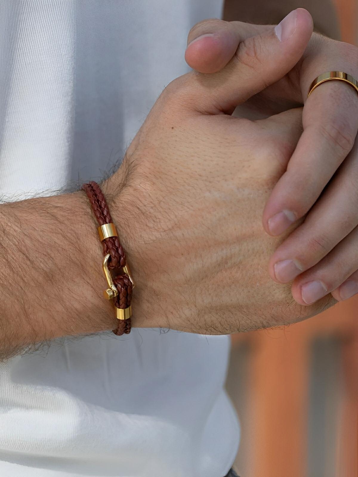 Bracelet en cuir tressé homme, fermoir à manille en acier inoxydable, style moderne et raffiné, modèle Calypso - Bracelet - Marron et or S