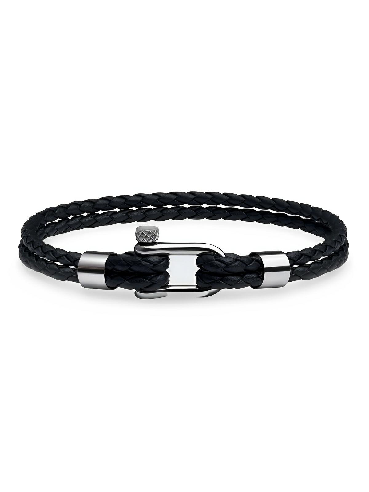 Bracelet en cuir tressé homme, fermoir à manille en acier inoxydable, style moderne et raffiné, modèle Calypso - Bracelet - Noir et argent S