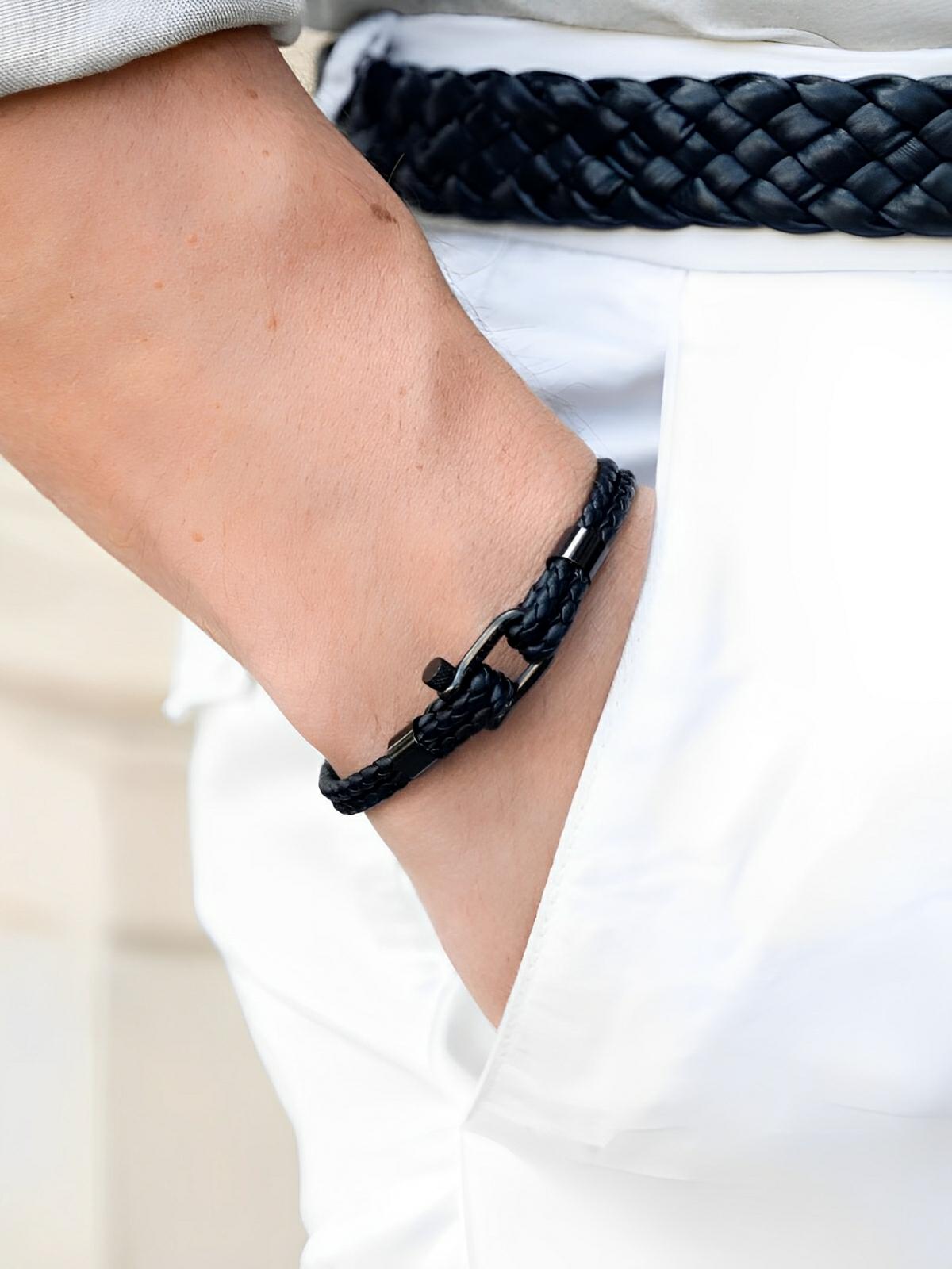 Bracelet en cuir tressé homme, fermoir à manille en acier inoxydable, style moderne et raffiné, modèle Calypso - Bracelet - Noir S