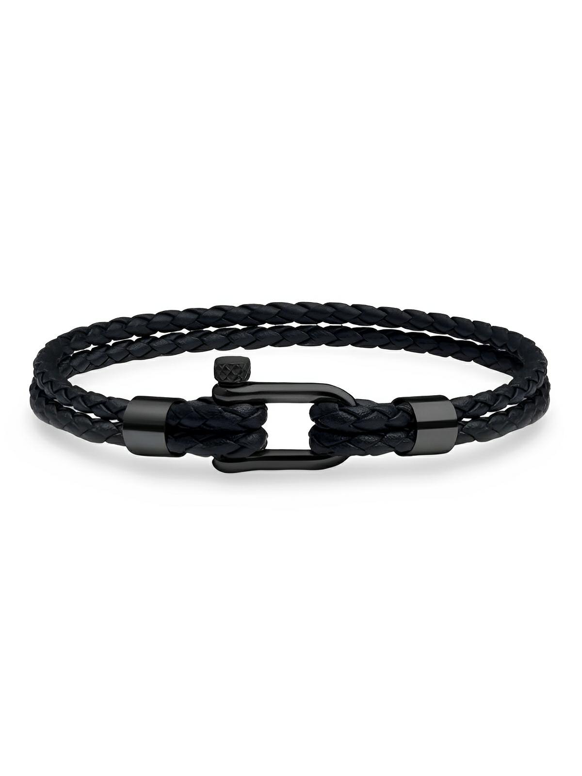 Bracelet en cuir tressé homme, fermoir à manille en acier inoxydable, style moderne et raffiné, modèle Calypso - Bracelet - Noir S