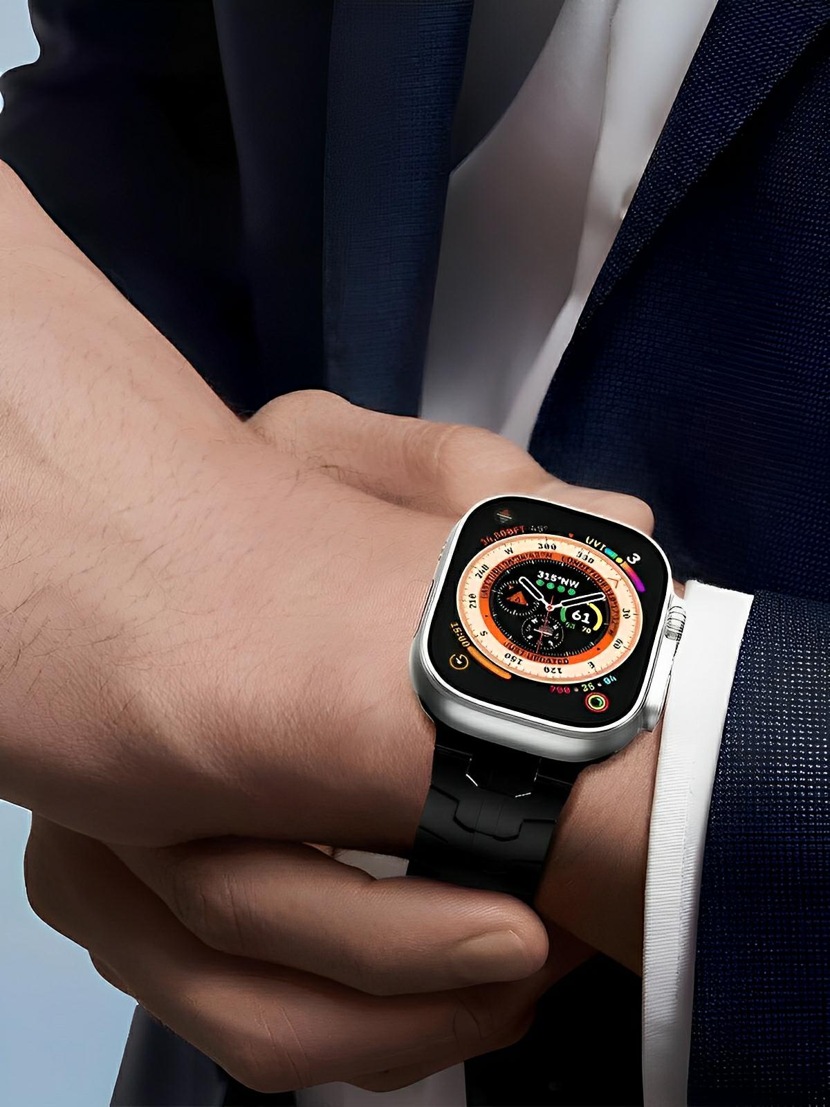 Bracelet en titane pour Apple Watch, design sculpté, ajustable et ultra - résistant, fermoir papillon sécurisé, modèle Réno - Bracelet Apple Watch - Noir 38 à 42mm