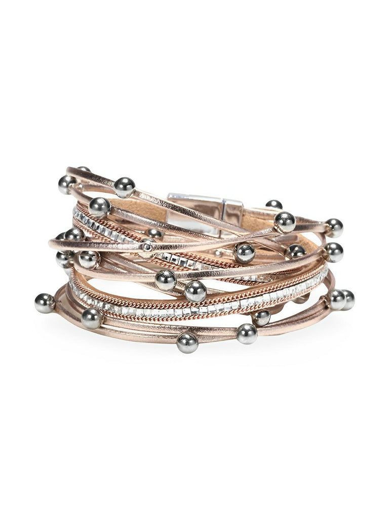Bracelet femme multi - rangs simili vegan, perles, strass, fermoir magnétique, modèle Amelle - Bracelet - Or