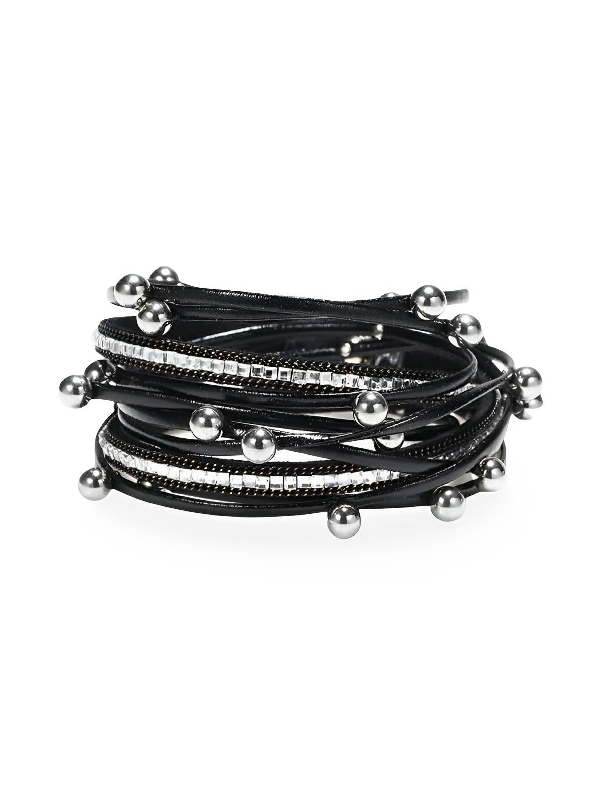 Bracelet femme multi - rangs simili vegan, perles, strass, fermoir magnétique, modèle Amelle - Bracelet - Noir