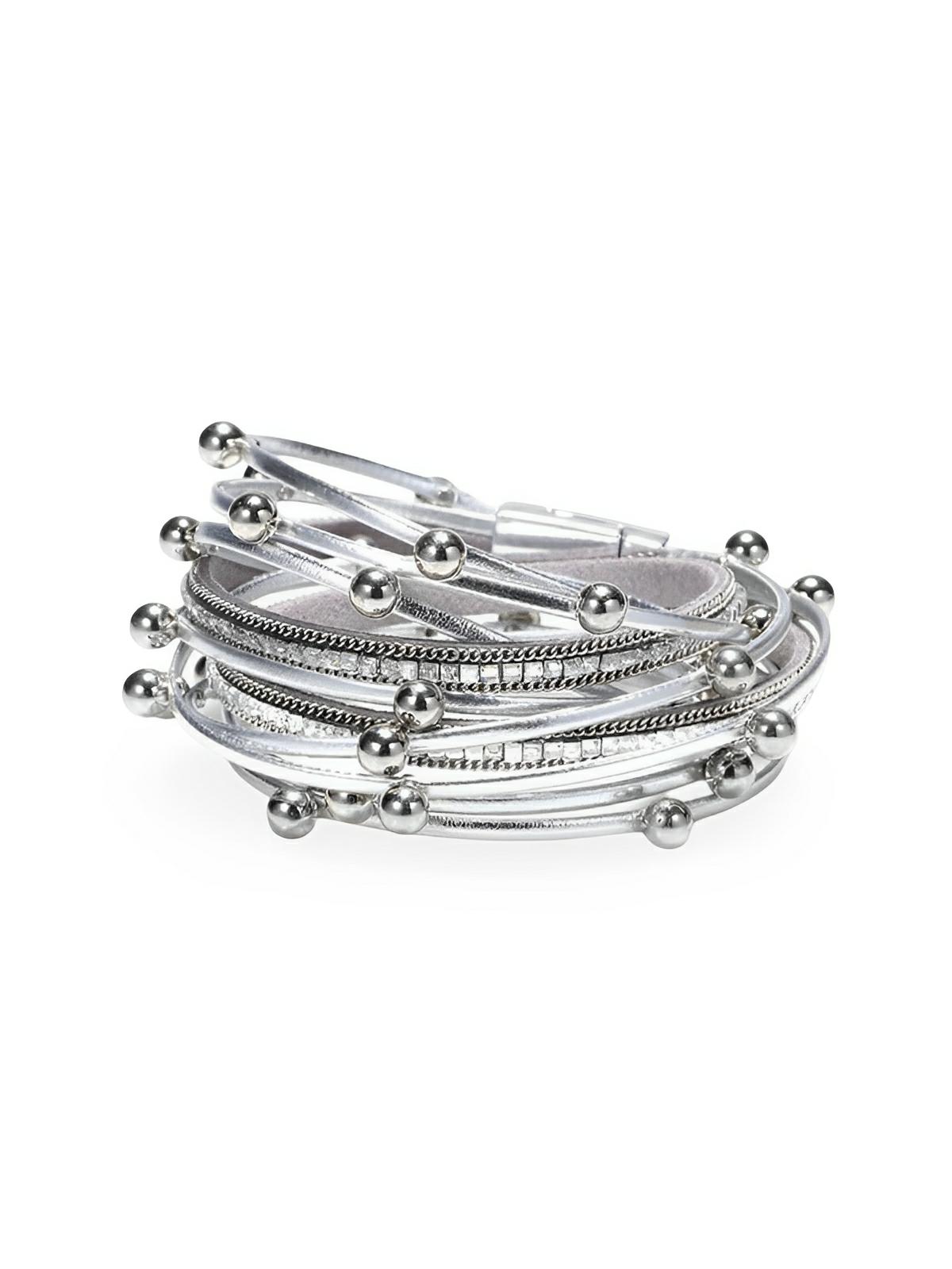 Bracelet femme multi - rangs simili vegan, perles, strass, fermoir magnétique, modèle Amelle - Bracelet - Argent