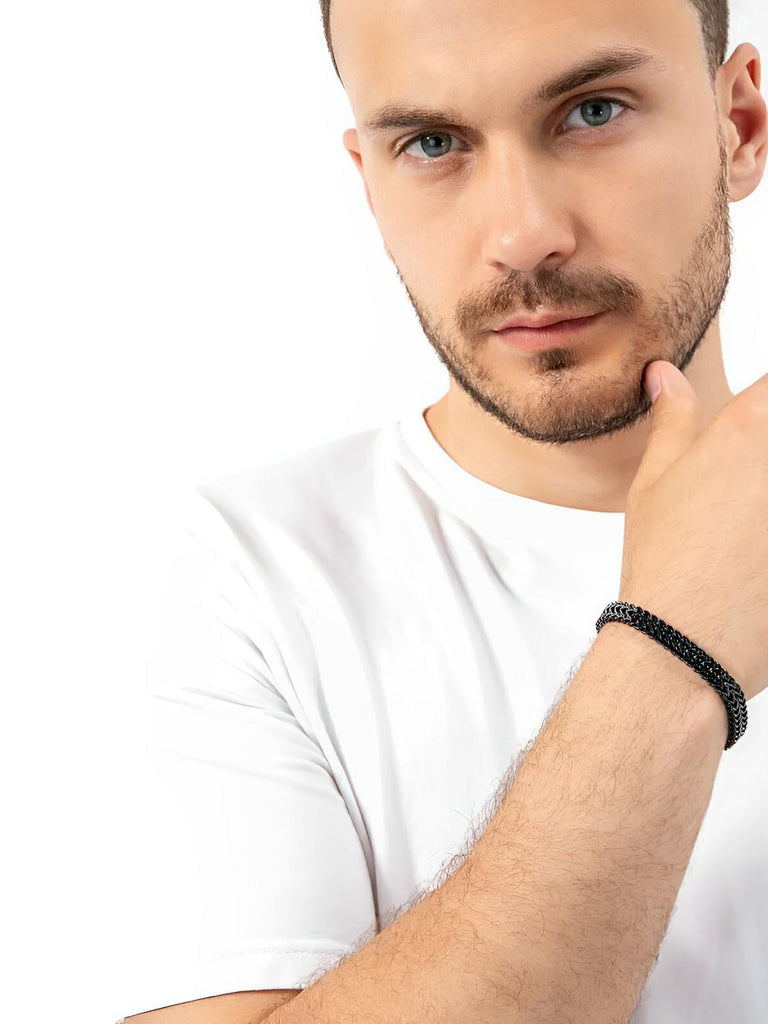 Bracelet homme acier inoxydable, double maille, fermoir magnétique, design moderne, modèle Elme - Bracelet - Noir S
