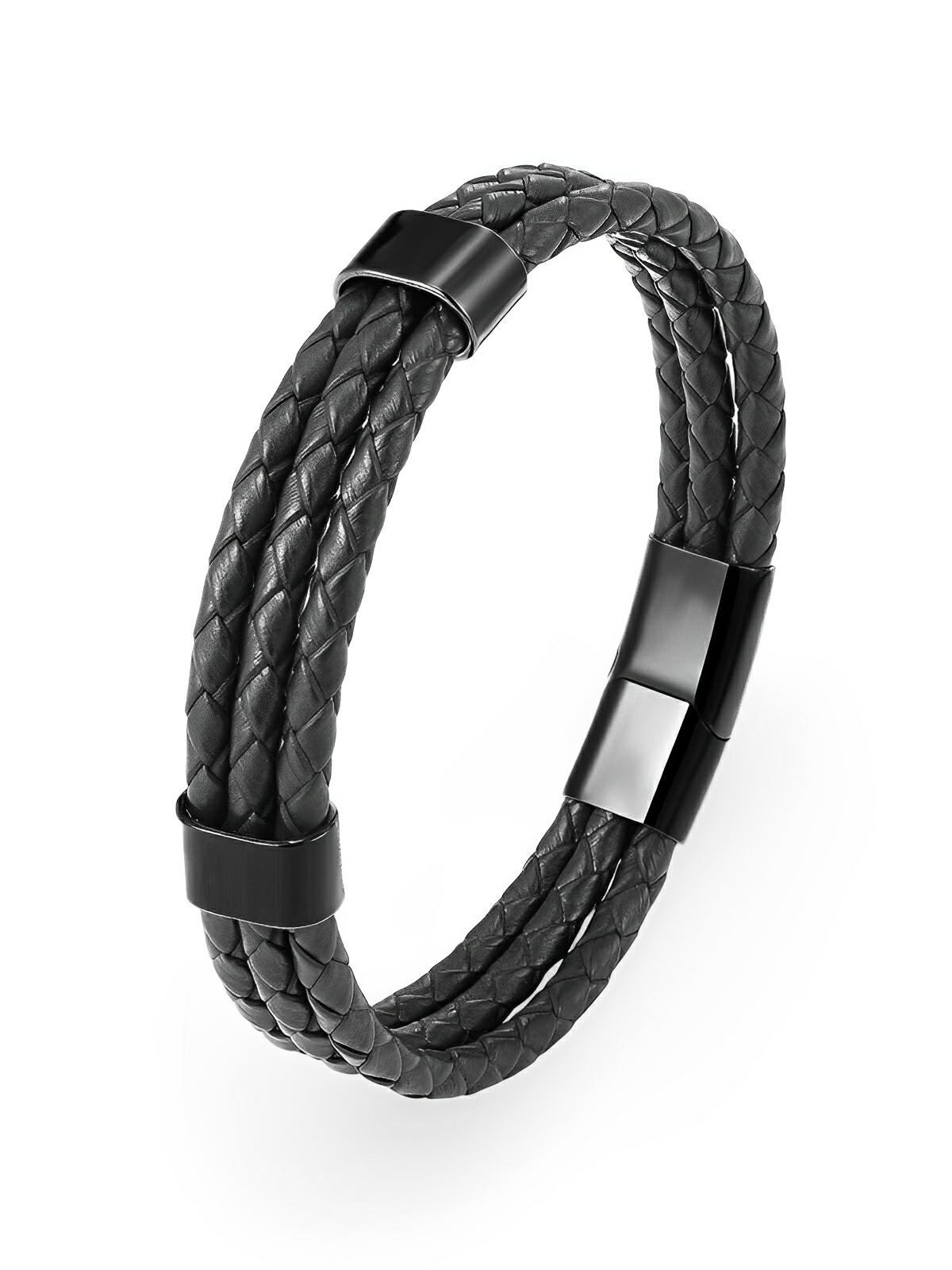 Bracelet homme cuir tressé et acier inoxydable, triple tour, fermoir magnétique, modèle Yvan - Bracelet - Noir XS