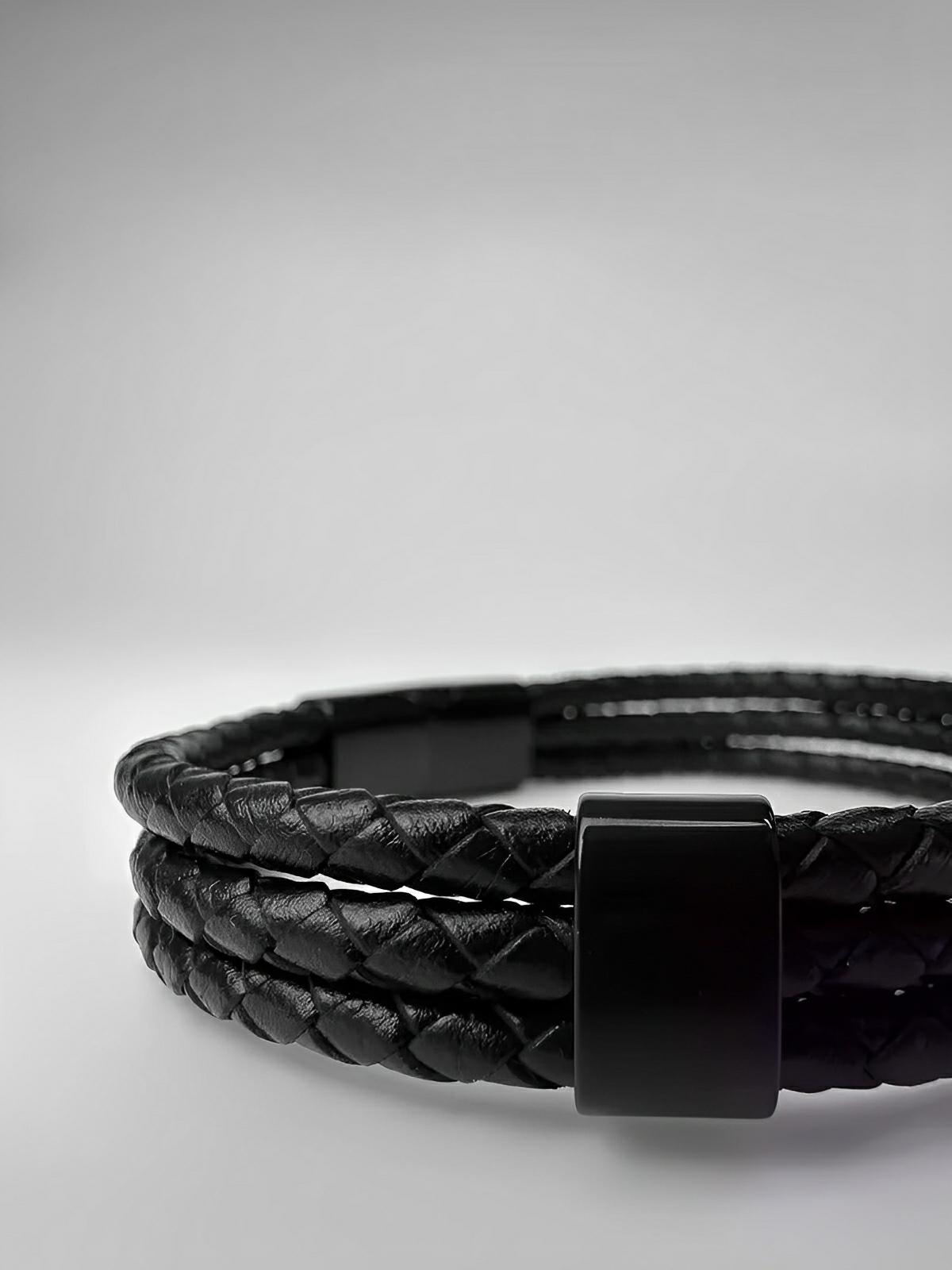 Bracelet homme cuir tressé et acier inoxydable, triple tour, fermoir magnétique, modèle Yvan - Bracelet - Noir XS