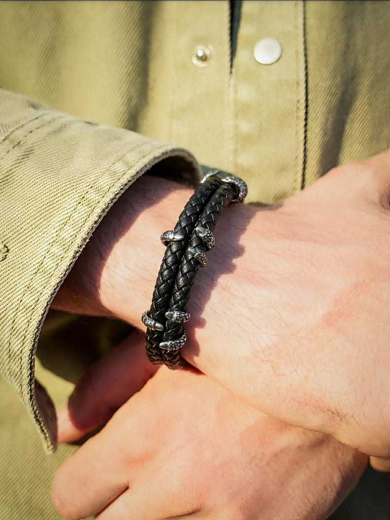 Bracelet homme cuir tressé, griffes en acier, style rock, modèle Silvère - Bracelet - Noir S