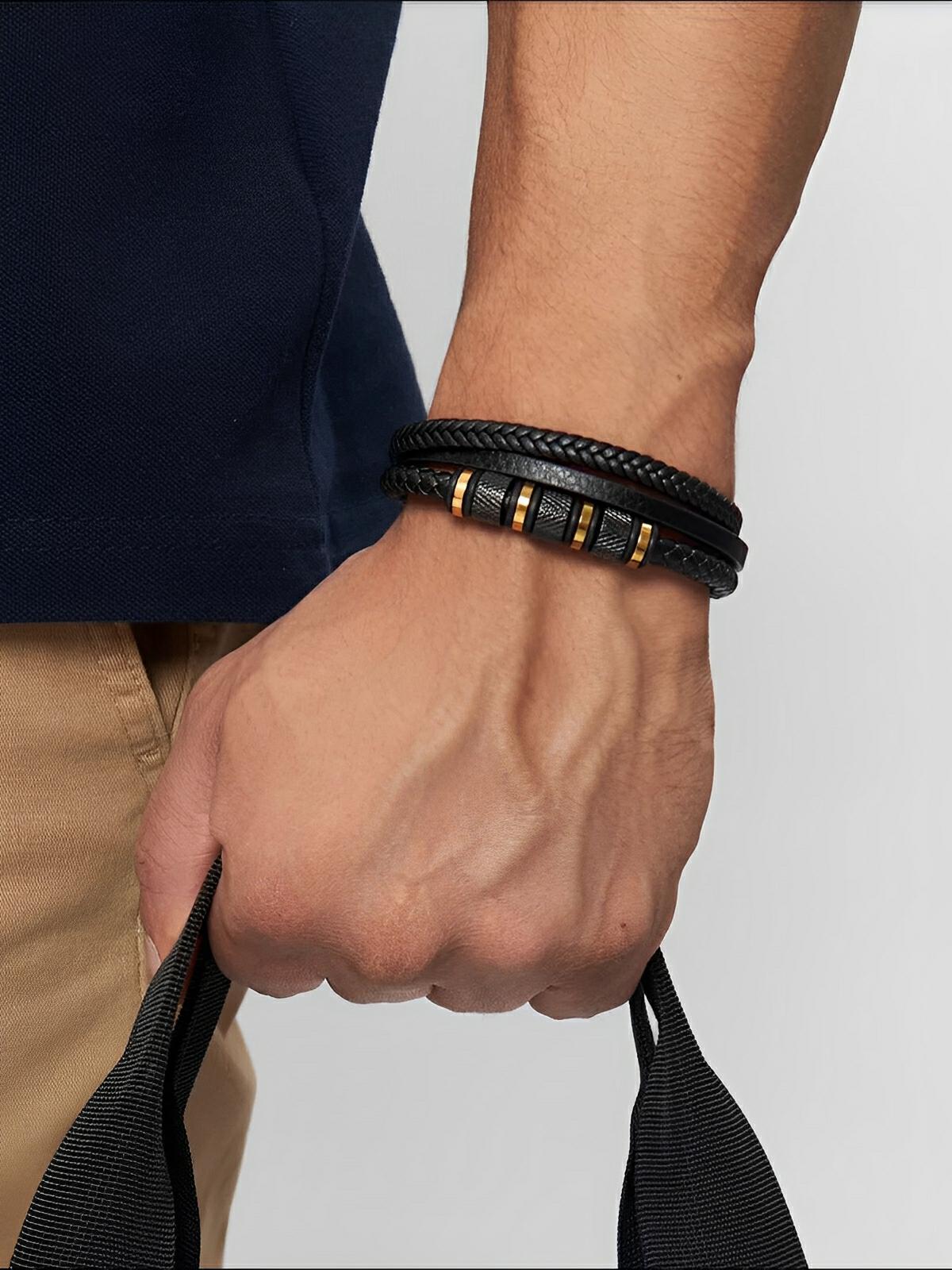 Bracelet homme cuir tressé noir, titane, fermoir magnétique, aux détails dorées, modèle Oscar - Bracelet - Noir et or S