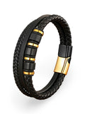 Bracelet homme cuir tressé noir, titane, fermoir magnétique, aux détails dorées, modèle Oscar - Bracelet - Noir et or S